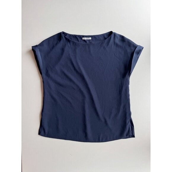 MM.LAFLEUR Betty Navy Blue Matte Crepe Cuffed Boat Neck Blouse Top, Size XL - Picture 5 of 14